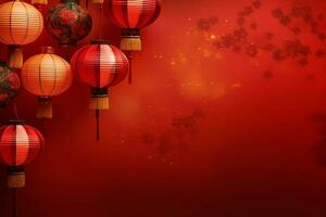 Chinese new year background with traditional lanterns, sakura flowers and copy space. Lunar new year concept by AI Generated photo