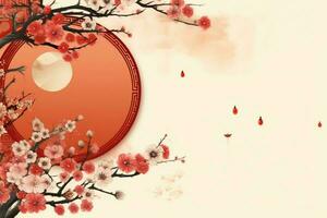 Chinese new year background with traditional lanterns, sakura flowers and copy space. Lunar new year concept by AI Generated photo