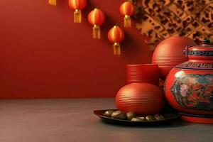 Chinese new year background with traditional lanterns, sakura flowers and copy space. Lunar new year concept by AI Generated photo
