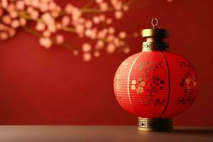 Chinese new year background with traditional lanterns, sakura flowers and copy space. Lunar new year concept by AI Generated photo