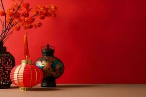 Chinese new year background with traditional lanterns, sakura flowers and copy space. Lunar new year concept by AI Generated photo