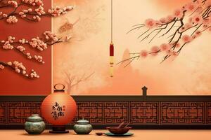 Chinese new year background with traditional lanterns, sakura flowers and copy space. Lunar new year concept by AI Generated photo