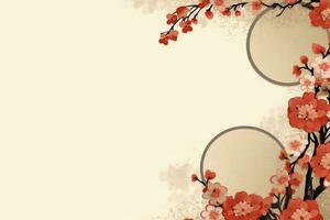 Chinese new year background with traditional lanterns, sakura flowers and copy space. Lunar new year concept by AI Generated photo