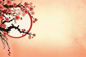 Chinese new year background with traditional lanterns, sakura flowers and copy space. Lunar new year concept by AI Generated photo