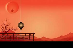 Chinese new year background with traditional lanterns, sakura flowers and copy space. Lunar new year concept by AI Generated photo