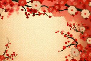 Chinese new year background with traditional lanterns, sakura flowers and copy space. Lunar new year concept by AI Generated photo