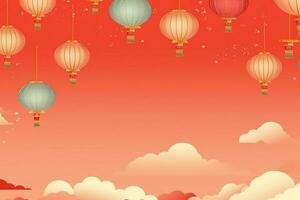 Chinese new year background with traditional lanterns, sakura flowers and copy space. Lunar new year concept by AI Generated photo