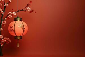 Chinese new year background with traditional lanterns, sakura flowers and copy space. Lunar new year concept by AI Generated photo