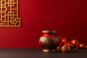 Chinese new year background with traditional lanterns, sakura flowers and copy space. Lunar new year concept by AI Generated photo