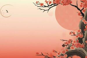 Chinese new year background with traditional lanterns, sakura flowers and copy space. Lunar new year concept by AI Generated photo