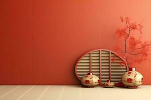 Chinese new year background with traditional lanterns, sakura flowers and copy space. Lunar new year concept by AI Generated photo