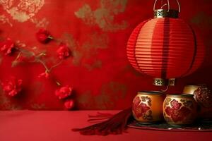 Chinese new year background with traditional lanterns, sakura flowers and copy space. Lunar new year concept by AI Generated photo