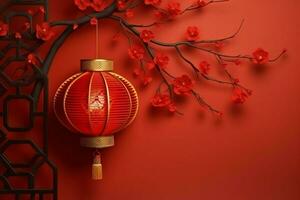 Chinese new year background with traditional lanterns, sakura flowers and copy space. Lunar new year concept by AI Generated photo