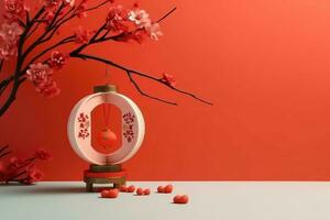 Chinese new year background with traditional lanterns, sakura flowers and copy space. Lunar new year concept by AI Generated photo