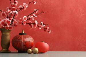 Chinese new year background with traditional lanterns, sakura flowers and copy space. Lunar new year concept by AI Generated photo