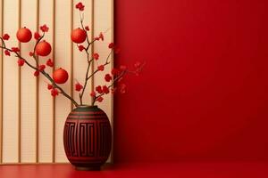 Chinese new year background with traditional lanterns, sakura flowers and copy space. Lunar new year concept by AI Generated photo