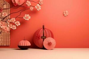 Chinese new year background with traditional lanterns, sakura flowers and copy space. Lunar new year concept by AI Generated photo