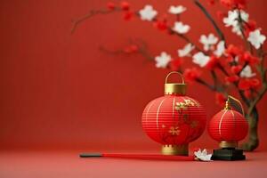 Chinese new year background with traditional lanterns, sakura flowers and copy space. Lunar new year concept by AI Generated photo