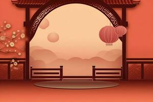 Chinese new year background with traditional lanterns, sakura flowers and copy space. Lunar new year concept by AI Generated photo