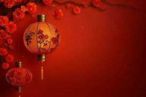 Chinese new year background with traditional lanterns, sakura flowers and copy space. Lunar new year concept by AI Generated photo