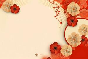 Chinese new year background with traditional lanterns, sakura flowers and copy space. Lunar new year concept by AI Generated photo