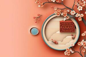 Chinese new year background with traditional lanterns, sakura flowers and copy space. Lunar new year concept by AI Generated photo