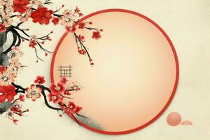 Chinese new year background with traditional lanterns, sakura flowers and copy space. Lunar new year concept by AI Generated photo