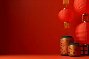 Chinese new year background with traditional lanterns, sakura flowers and copy space. Lunar new year concept by AI Generated photo