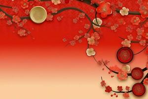 Chinese new year background with traditional lanterns, sakura flowers and copy space. Lunar new year concept by AI Generated photo