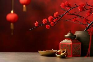 Chinese new year background with traditional lanterns, sakura flowers and copy space. Lunar new year concept by AI Generated photo