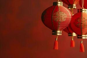 Chinese new year background with traditional lanterns, sakura flowers and copy space. Lunar new year concept by AI Generated photo