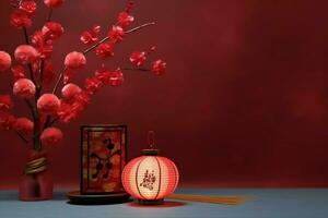 Chinese new year background with traditional lanterns, sakura flowers and copy space. Lunar new year concept by AI Generated photo