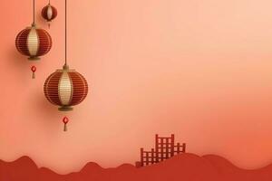 Chinese new year background with traditional lanterns, sakura flowers and copy space. Lunar new year concept by AI Generated photo