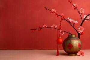 Chinese new year background with traditional lanterns, sakura flowers and copy space. Lunar new year concept by AI Generated photo