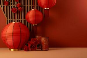 Chinese new year background with traditional lanterns, sakura flowers and copy space. Lunar new year concept by AI Generated photo