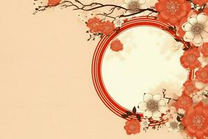 Chinese new year background with traditional lanterns, sakura flowers and copy space. Lunar new year concept by AI Generated photo