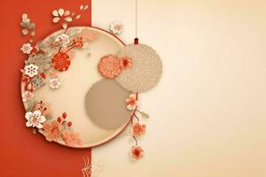 Chinese new year background with traditional lanterns, sakura flowers and copy space. Lunar new year concept by AI Generated photo