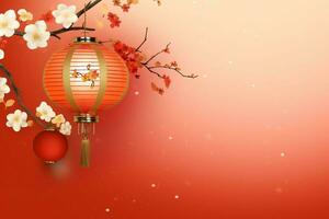 Chinese new year background with traditional lanterns, sakura flowers and copy space. Lunar new year concept by AI Generated photo