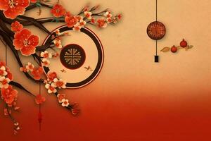 Chinese new year background with traditional lanterns, sakura flowers and copy space. Lunar new year concept by AI Generated photo