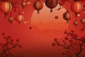 Chinese new year background with traditional lanterns, sakura flowers and copy space. Lunar new year concept by AI Generated photo