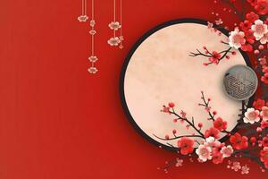 Chinese new year background with traditional lanterns, sakura flowers and copy space. Lunar new year concept by AI Generated photo