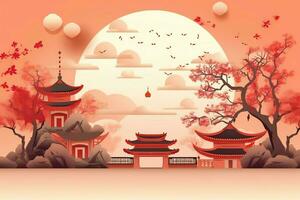 Chinese new year background with traditional lanterns, sakura flowers and copy space. Lunar new year concept by AI Generated photo