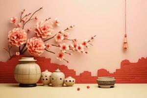 Chinese new year background with traditional lanterns, sakura flowers and copy space. Lunar new year concept by AI Generated photo