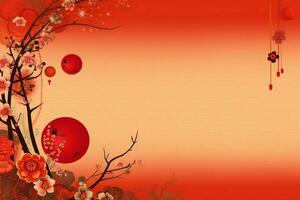 Chinese new year background with traditional lanterns, sakura flowers and copy space. Lunar new year concept by AI Generated photo