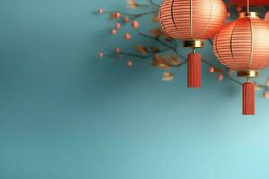 Chinese new year background with traditional lanterns, sakura flowers and copy space. Lunar new year concept by AI Generated photo