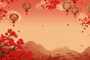 Chinese new year background with traditional lanterns, sakura flowers and copy space. Lunar new year concept by AI Generated photo