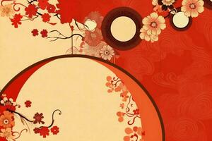 Chinese new year background with traditional lanterns, sakura flowers and copy space. Lunar new year concept by AI Generated photo