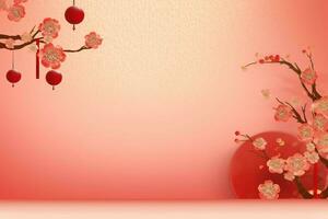 Chinese new year background with traditional lanterns, sakura flowers and copy space. Lunar new year concept by AI Generated photo