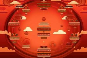 Chinese new year background with traditional lanterns, sakura flowers and copy space. Lunar new year concept by AI Generated photo