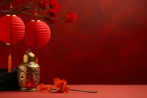 Chinese new year background with traditional lanterns, sakura flowers and copy space. Lunar new year concept by AI Generated photo